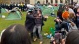  پولیس نے ایک مظاہرہ کرنے والے کو گرفتار کیا جس نے 18 اپریل 2024 کو نیویارک میں کولمبیا یونیورسٹی کے کیمپس میں ایک کیمپ میں حصہ لیاتھا۔ فوٹو اے پی
