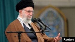 Iran's Supreme Leader Ayatollah Ali Khamenei speaks in Tehran, Iran, April 18, 2023. (Office of the Iranian Supreme Leader/WANA via Reuters)