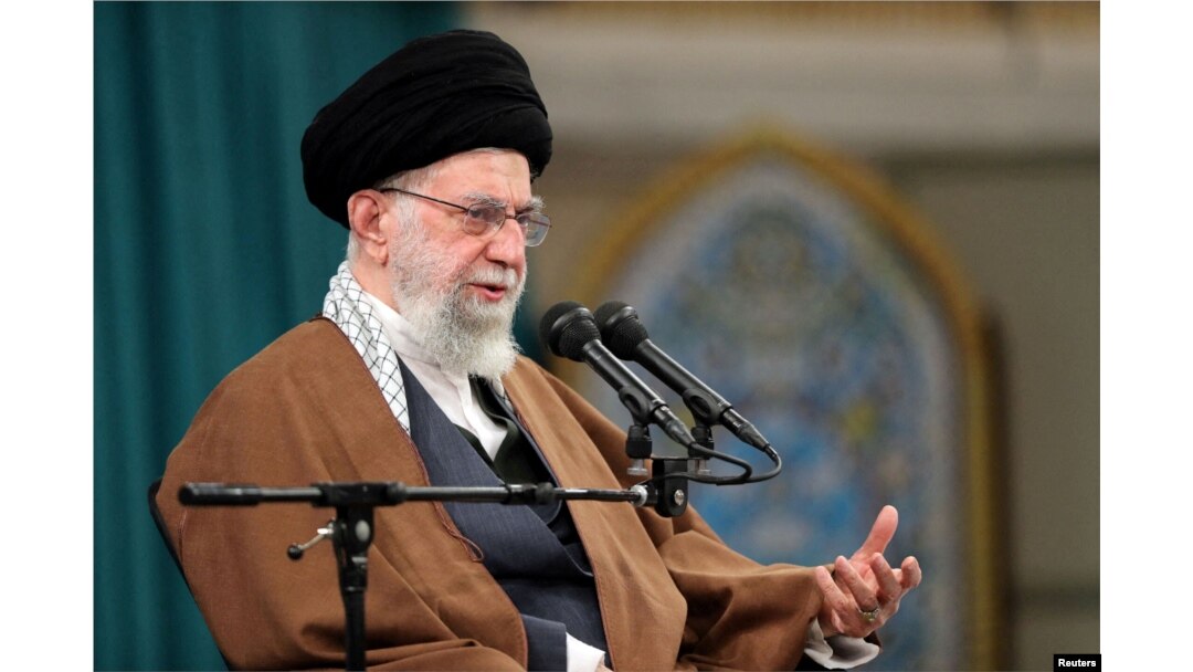 FILE - Iran's Supreme Leader Ayatollah Ali Khamenei speaks in Tehran, Iran, April 18, 2023. (Office of the Iranian Supreme Leader/WANA via Reuters)