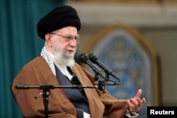 FILE - Iran's Supreme Leader Ayatollah Ali Khamenei speaks in Tehran, Iran, April 18, 2023. (Office of the Iranian Supreme Leader/WANA via Reuters)