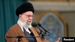FILE - Iran's Supreme Leader Ayatollah Ali Khamenei speaks in Tehran, Iran, April 18, 2023. (Office of the Iranian Supreme Leader/WANA via Reuters). Though 4,000 striking workers will be sacked and replaced, Khamenei, said some labor protests have been helpful to the country.