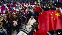 Pope Francis arrives to preside over a Mass at the Steppe Arena in the Mongolian capital Ulaanbaatar, Sept. 3, 2023.