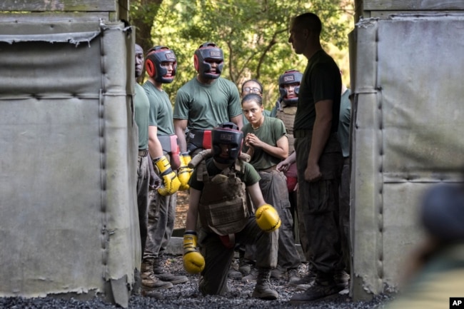 Female U.S. Marine Corps recruits stand behind a female recruit, kneeling, during a hand-to-hand combat drill in a portion of training known as the Crucible at the Marine Corps Recruit Depot, June 29, 2023, in Parris Island, S.C. (AP Photo/Stephen B. Morton)