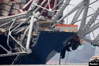 A view of the Dali cargo vessel which crashed into the Francis Scott Key Bridge causing it to collapse in Baltimore, March 27, 2024.