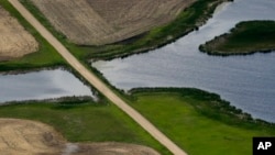 FILE - A road bisects a wetland on June 20, 2019, near Kulm, North Dakota. A Supreme Court decision on May 25, 2023, strips protections from wetlands that are isolated from larger bodies of water. 
