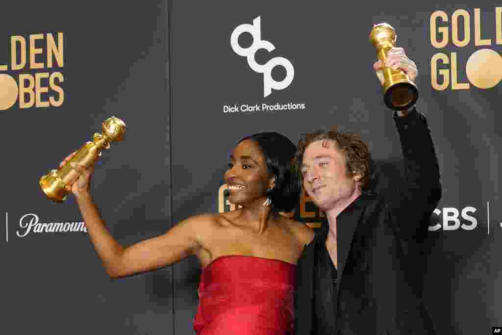 Ayo Edebiri, left, winner of for best performance by an actress in a television series, musical or comedy for &quot;The Bear&quot;, and Jeremy Allen White, winner of the award for best performance by an actor in a television series, musical or comedy for &quot;The Bear.&quot;