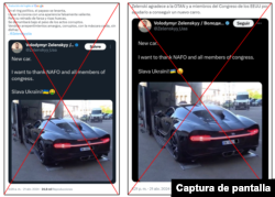 Capturas de pantalla de desinformación relacionada con Zelenskyy y una supuesta adquisición de un auto de lujo.