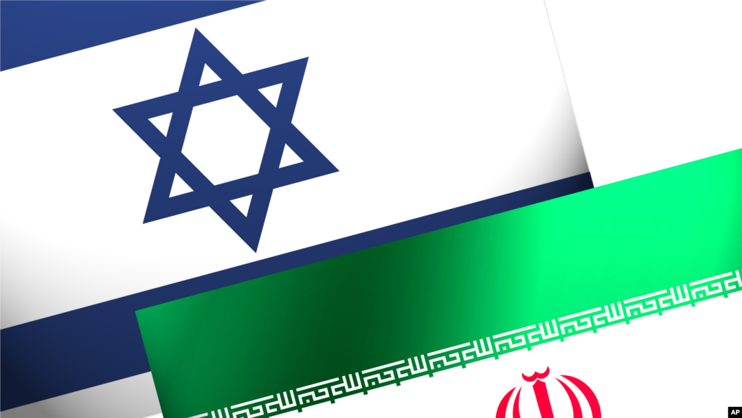 Israel and Iran flags, graphic element on black