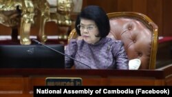 លោកស្រី ឃួន សុដារី អនុប្រធានទី ២ នៃរដ្ឋសភាជាតិកម្ពុជា ថ្លែងនៅក្នុងព្រឹត្តិការណ៍មួយ។ (Facebook/National Assembly of Cambodia)