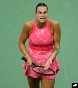 Aryna Sabalenka reacts during a match against Madison Keys during the women's singles semifinals of the U.S. Open tennis championships on Sept. 7, 2023, in New York.