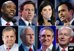 This combination of photos shows Republican presidential candidates, top row from left, Tim Scott, Ron DeSantis, Nikki Haley, and Vivek Ramaswamy, bottom row from left, Chris Christie, Mike Pence, Doug Burgum, and Asa Hutchinson.