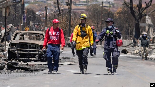 Members of a search-and-rescue team walk along a street, Aug. 12, 2023, in Lahaina, Hawaii, following heavy damage caused by wildfire.