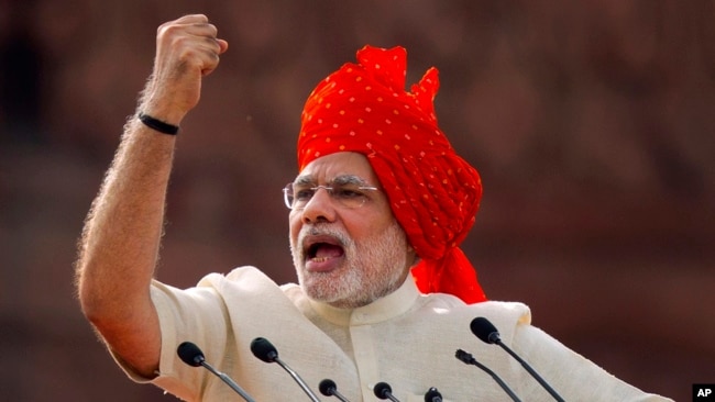 FILE - Indian Prime Minister Narendra Modi addresses the nation on the country's Independence Day in New Delhi, India, Aug. 15, 2014.