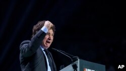 Presidenti i Argjentinës, Javier Milei gjatë një fjalimi të mbajtur në një tubim të partisë të të djathtës ekstreme 'VOX' në Madrid 19 Maj 2024
