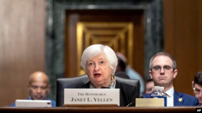 U.S. Treasury Secretary Janet Yellen testifies before the Senate Finance Committee about the President's proposed budget request for fiscal year 2024, March 16, 2023, on Capitol Hill in Washington.