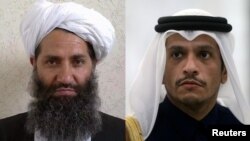 شیخ محمد بن عبدالرحمان آل ثانی، صدر اعظم قطر (راست) و ملا هبت‌الله آخندزاده، رهبر طالبان