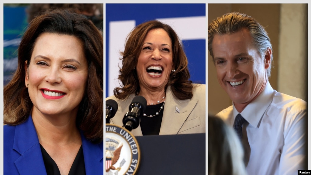 Entre los nombres más destacados están la vicepresidenta de EEUU, Kamala Harris (centro); el gobernador de California, Gavin Newsom (izquierda); y la gobernadora de Michigan, Gretchen Whitmer (derecha).