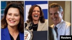 Entre los nombres más destacados están la vicepresidenta de EEUU, Kamala Harris (centro); el gobernador de California, Gavin Newsom (izquierda); y la gobernadora de Michigan, Gretchen Whitmer (derecha).