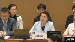 12일 스위스 제네바에서 열린 유엔 여성차별철폐위원회(CEDAW) 제 85차 회의 중국 심의에서 중국 대표가 발언하고 있다.