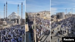 People take part in a protest in Zahedan, Iran, in these three screen grab taken from a social media video released Feb. 17, 2023 and obtained by Reuters. Other images posted to social media purport to show protests in Tehran, Arak and Isfahan.