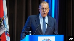 Russian Foreign Minister Sergey Lavrov addresses students of the MGIMO (Moscow State University for Foreign Relations) on the opening of the school year known as the "Day of Knowledge" in Moscow, Russia, Sept. 1, 2023. 
