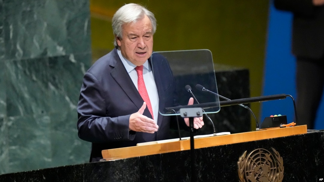 United Nations Secretary-General Antonio Guterres addresses the 78th session of the U.N. General Assembly on Sept. 19, 2023. Guterres on Sept. 20 warned world leaders that little time remains to avert climate-change disaster.