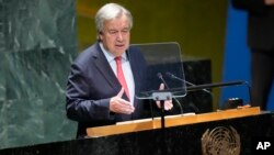 United Nations Secretary-General Antonio Guterres addresses the 78th session of the U.N. General Assembly on Sept. 19, 2023. Guterres on Sept. 20 warned world leaders that little time remains to avert climate-change disaster.