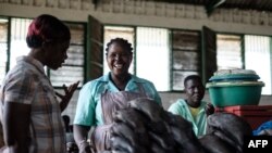 Muuza samaki katika soko la samaki huko Kisumu Kenya. Picha na Yasuyoshi CHIBA / AFP.