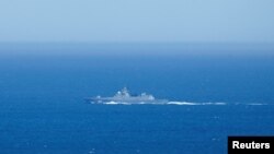 Russian frigate Admiral Gorshkov is seen in the Atlantic Ocean en route to Durban where it is scheduled to do naval exercises with the South African and Chinese navies, in Cape Town, South Africa, Feb. 15, 2023. 