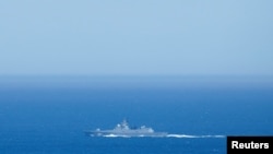 Russian frigate Admiral Gorshkov is seen in the Atlantic Ocean en route to Durban where it is scheduled to do naval exercises with the South African and Chinese navies, in Cape Town, South Africa, Feb. 15, 2023. 