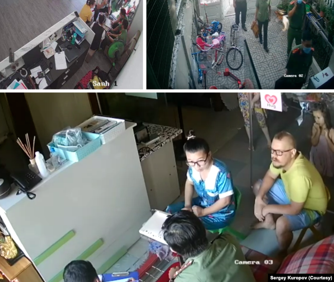 Hình ảnh trích xuất từ camera cho thấy công an đến làm việc tại nhà của anh Kuropov ở Nha Trang.
