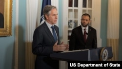 (FILE) US Secretary of State Antony Blinken and Rashad Hussein, the U.S. ambassador at large for international religious freedom spoke at the release of the 2023 International Religious Freedom Report, June 26, 2024.