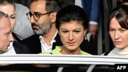 Sahra Wagenknecht, politician of Germany's left-wing Die Linke party, boards her car after addressing a press conference about her planned foundation of a new party, on Oct. 23, 2023 in Berlin. 