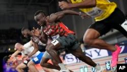 FILE - Ferdinand Omanyala, of Kenya, starts in his men's 60 meters heat during the World Athletics Indoor Championships at the Emirates Arena in Glasgow, Scotland, March 1, 2024.