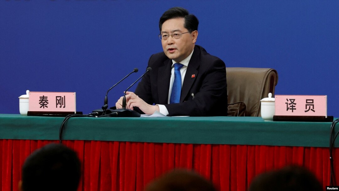 中國外交部長秦剛3月7日在北京兩會的外長記者會上（路透社）