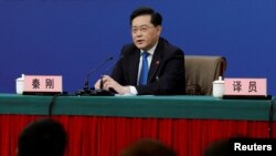 中國外交部長秦剛3月7日在北京兩會的外長記者會上（路透社）