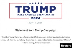 Una declaración del portavoz de la campaña de Trump, Steven Cheung, se ve en un correo electrónico distribuido por su campaña después de que se escucharon disparos en el Butler Farm Show en un mitin en Butler, Pensilvania, el 13 de julio de 2024.