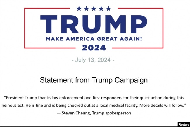 Una declaración del portavoz de la campaña de Trump, Steven Cheung, se ve en un correo electrónico distribuido por su campaña después de que se escucharon disparos en el Butler Farm Show en un mitin en Butler, Pensilvania, el 13 de julio de 2024.