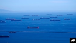 FILE - Cargo ships are seen lined up outside the Port of Los Angeles, Feb. 23, 2021.