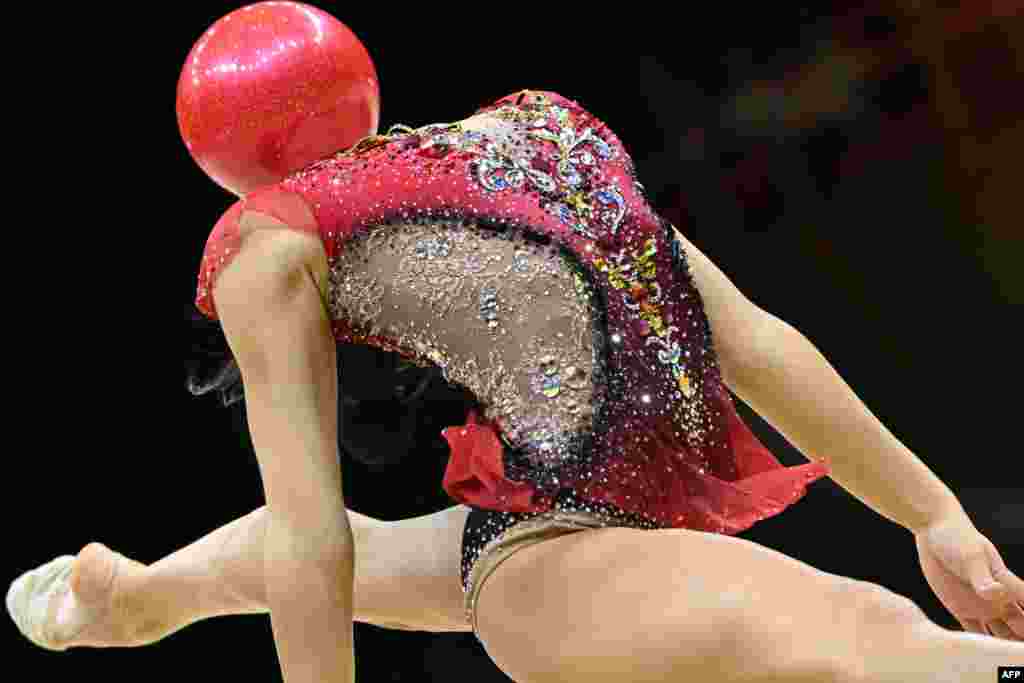 Gold medalist Italy&#39;s Sofia Raffaeli competes during the ball apparatus individual final event of the 40th European Rhythmic Gymnastics Championships at the Arena in Budapest, Hungary.