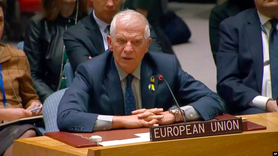 Жозеп Борел, висок претставник на Европската унија за надворешни работи, говори за време на состанокот на Советот за безбедност на ОН, 24 февруари 2023 година. Фотографија направена од видео на „UNTV“.