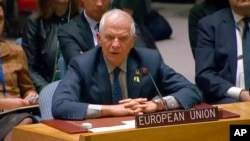 In this image made from UNTV video, Josep Borrell, high representative of the European Union for foreign affairs, speaks during a U.N. Security Council meeting, Feb. 24, 2023.