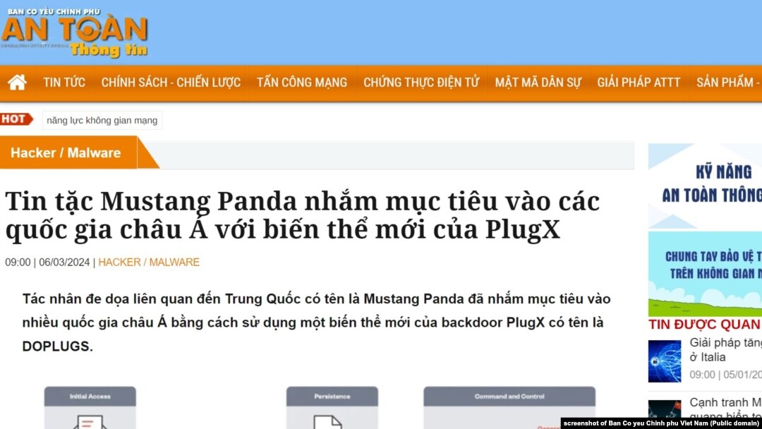 Trang web của Ban Cơ yếu Chính phủ Việt Nam nói về Mustang Panda hôm 6/3/2024.