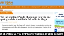 Trang web của Ban Cơ yếu Chính phủ Việt Nam nói về Mustang Panda hôm 6/3/2024.