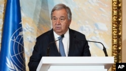 United Nations Secretary-General Antonio Guterres gives an address after a closed-door summit on Afghanistan in Doha, Qatar, May 2, 2023. 