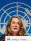 Amy Pope, the new director general of the International Organization for Migration (IOM) attends a news conference in Geneva, Switzerland, Oct. 2, 2023. 