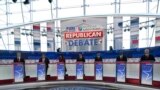 From left, North Dakota Gov. Doug Burgum, former New Jersey Gov. Chris Christie, former UN Ambassador Nikki Haley, Florida Gov. Ron DeSantis, entrepreneur Vivek Ramaswamy, Sen. Tim Scott, R-SC, and former Vice President Mike Pence, debate Sept. 27, 2023.