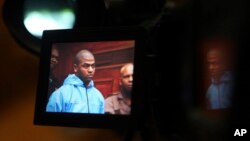 SFILE - Thabo Bester is seen on a TV camera screen in the Western Cape High Court, in Cape Town, South Africa, May 3, 2012, where he appeared in connection with murder.