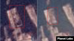 북한 통천항에 자리한 하층 지지대를 촬영한 위성사진. 작년 12월 24일(왼쪽)과 비교해 올해 3월 6일(오른쪽) 크기가 작아진 사실을 알 수 있다. 사진=Planet Labs