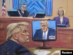 E. Jean Carroll testifies before Judge Lewis Kaplan as former U.S. President Donald Trump watches footage of himself appearing on a CNN Town Hall event, at Manhattan Federal Court in New York City, Jan. 17, 2024 in this courtroom sketch.